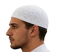 Générique Kufi Elastic Breathable Stretchy Soft Embroidered Crochet Knitted Hat for Dad, Grandpa, Husband, Son, Families, Friends, and for All Occasions, white