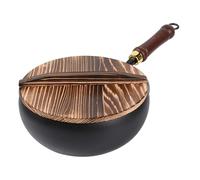 Générique Large - Non Pan Non Stick Iron Wood Glass | Traditional Uncoated Iron Heat Retention | Ideal Cooking for Stir-Fries, Hot Cooking, Stir-Fry & Asia