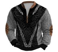 Générique Men's 3D Knitted Fleece Viking Nordic Half Zip Hoodie Celtic Mythology Printed Medieval Thermal Hoodie Warrior Warm Sweatshirt Renaissance Vest Winter Retro, grey, L