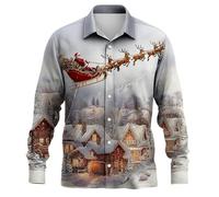 Générique Men's Christmas Casual Shirt with Santa Print Christmas Shirt Long Sleeve Comfortable Winter with Buttons and Lapel Collar Christmas Shirts Baggy Shirts Funny Party Shirts, Light Grey-6, L