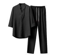 Générique Men's Linen Pajama Set Tai Chi Outfit Japanese Kimono Style Pajamas Set Vintage Short Sleeve Button Down Shirt with Drawstring Pants, Black, L