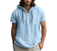 Générique Men's Long-Sleeved T-Shirt Medieval Plain Linen Shirt with Hood and Short Sleeve Spring-Summer Style for the Beach