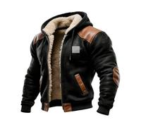 Générique Men's Winter Jacket with Thick Fleece Hood Medieval Leather Waterproof Jacket Renaissance Zip Warm Parka Sherpa Lined Anorak Viking Jacket Hooded Coat Leather Men, Black, L