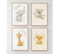Générique Set of 4 A4 Wall Posters, Forest Animals Safari Watercolor, Elephant, Koala, Giraffe, Lion, Nursery Style, Beige Frame, Art for Children's Room