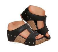 Générique Summer Casual Outdoor Sandals Zipper Front Open Toe Thick Sole Lightweight Flat Minimalist Walking Leather Everyday Sandals, Le Noir, 7 UK