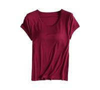 Générique Top Built-in Cotton Bra, T-Shirts Half Sleeve Women Round Neck Tee Shirt Short Sleeve Tshirt Solid Color Tops Black Top Stretch Shirt Casual Top Blouses, Wine, M