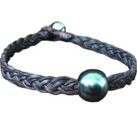 Générique Unisex bracelet with two semi-baroque Tahitian pearls mounted on braided Australian leather, Average, Leather Pearl Leather, Pearl