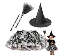Générique Witch Costume - Witch Dress Set for Little Girls 3 Pieces, Adjustable Outfit with Hat and Broom for Cosplay Carnival Party Birthday Halloween