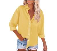 Générique Women's Blouse Linen Elegant Elegant V Neck Blouse Tunic Tops Summer Button Down Casual Loose and Fashion Oversized Blouses and Blouses for Women, Lemon Tree, XL