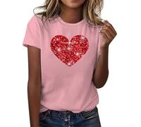 Générique Women's Chic and Elegant Sequins Round Neck Short Sleeve Casual T-Shirt Sequins Love Heart Print Large Size Party Club Blouses Sweet Valentine's Day, Pink, L