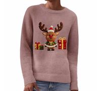 Générique Women's Christmas Jumper Chic Ugly Christmas Sweatshirt, Crew Neck, Long Sleeve, Winter Warm Sweater, Knitted Sweatshirt, Snowman Reindeer for Women, Basic Crew Neck T-Shirt, Pink Gold, S