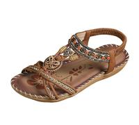 Générique Women's Comfortable and Beautiful Bohemian Flower 37 - Sandal Women's Summer Chic Rhinestone Large Size Flat Shoes Open Toe Ethnic Style Funny Shoe Hiking Outdoor, khaki, 6 UK