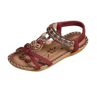 Générique Women's Comfortable and Beautiful Bohemian Flower 37 - Sandal Women's Summer Chic Rhinestone Large Size Flat Shoes Open Toe Ethnic Style Funny Shoe Hiking Outdoor, Colour: Red, 7 UK