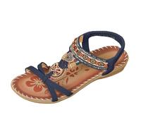 Générique Women's Comfortable and Beautiful Bohemian Flower 37 - Sandal Women's Summer Chic Rhinestone Large Size Flat Shoes Open Toe Ethnic Style Funny Shoe Hiking Outdoor, Color: Blue, 8 UK