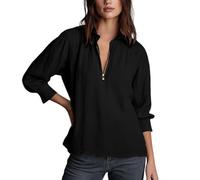 Générique Women's Cotton and Linen Shirt Long Sleeve Anti-UV Blouse with Zip, Black, S