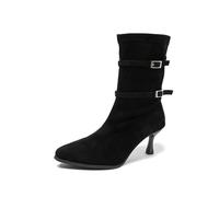 Générique Women's Fashion Suede Boots with Thin Heel and Pointed Toe Casual Slip On Soft Boots with Buckle Decorative Comfortable Autumn Winter Daily Boot, Black, 8 UK