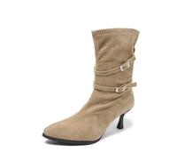Générique Women's Fashion Suede Boots with Thin Heel and Pointed Toe Casual Slip On Soft Boots with Buckle Decorative Comfortable Autumn Winter Daily Boot, khaki, 6 UK