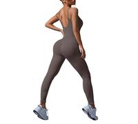 Générique Women's High Waist Casual Open Back Bodycon Bodycon Slim Fit Close Up Rib Fabric Breathable Stretch Jumpsuits Yoga Chic Elegant Sensual Mid-Season, Brown, S