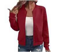 Générique Women's jogging jacket without hood - women's mid-season jacket without hood striped sweatshirt long sleeve jackets plain colour blouosns with zip coat chic clothing, Red, S
