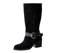 Générique Women's Leather Square Heel Ankle Boots with Buckle Strap Casual Wide Boot Pointed Shoe Solid Color Wide Calf Shoes 36-43 Thigh High Women Plus Size, Black, 4 UK
