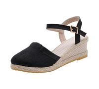 Générique Women's Linen Closed Toe Round Front Covering Breathable Ankle Strap Buckle Adjustable Open Back Wedge Sole Braided Edge Bohemian Espadrilles for Going Out Vacation, 01 Black, 9 UK