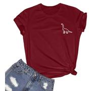 Générique Women's Little Dinosaur Printed Cotton T-Shirt Lace Top, Red, XXL