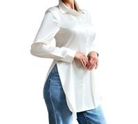 Générique Women's long chic shirt, chic and elegant satin long sleeve, blouse with button lapel, spring summer top, asymmetrical top, slim fit, comfortable blouse, white, M