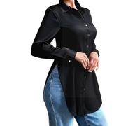 Générique Women's long chic shirt, chic and elegant satin long sleeve, blouse with button lapel, spring summer top, asymmetrical top, slim fit, comfortable blouse, Black, M