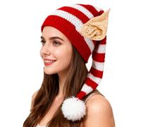 Générique Women's Men's Knitted Christmas Hat with Elf Ears and Pompom, Festive Santa Hat Unisex Striped for Christmas Parties, Original Christmas Accessory for Adults and Children