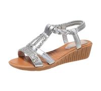 Générique Women's Open Toe Wedge Sandals with Braided Straps Shiny Rhinestone Ankle Chain Faux Leather Comfortable Lightweight Ideal for Summer Holidays Outings Elegant, Silver, 4 UK