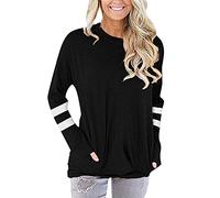 Générique Women's Oversized Extra Large T-Shirt - Women's Cotton Crew Neck Fleece Tops Long Sleeve Shirt Solid Colour Jackets Casual Loose Tops Autumn Winter Shirt with Two Pockets Blouse, Black, XXL