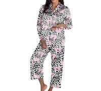 Générique Women's Pyjama Set with Leopard Print and Bow Long Sleeve Comfortable with Buttons and Pocket, Pyjamas, Leisure, 2 Pieces, Plus Size for Indoor Use, Pink, XXL
