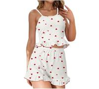 Générique Women's Pyjamas Shorts - Suit Trousers Chic Set Pijamas with Heart Pattern, Breathable Nightwear, Elastic Waist, Shirt, Thin Straps, Relaxed Night, Beautiful Pijamas