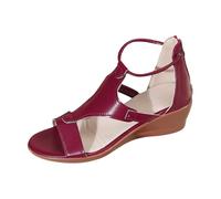 Générique Women's Roman Sandals Summer Leather Retro Open Toe Ankle Strap Front Side Cut Back Semi-Closed Wedge Sole City Going Out Holiday Spring Summer, 01 Burgundy, 7 UK