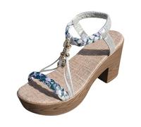 Générique Women's Sandal Lightweight Summer Straped Strap Sole Bohemian Style Chunky Heels Outdoor Women Vintage Leather Sandal Square Toe Nubuck, the light blue, 6 UK