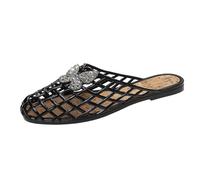 Générique Women's Sandals Closed Toe Mules and Clogs Women's Slip On Open Back Flat Sole Openwork Upper Square Butterfly Decorative with Shiny Detail Beach Going Out Leisure Spring Summer, 01 Black, 8