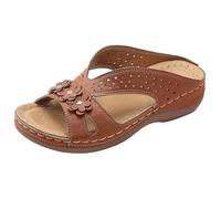 Générique Women's Sandals Comfortable Leather - Women's Sandal Summer Chic Slip-Ins Casual Sandals Shoes with Flower Large Size Slide Breathable Nude Feet Lightweight Sandals, Brown, 9.5 UK