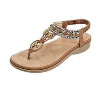 Générique Women's Sandals Summer Comfortable Barefoot Flip Flops Bohemian Open Toe Spacer Bead Ornaments and Metal Details Elastic Back Strap Flat Sole for Beach Going Out Holiday, 01 Brown, 4 UK