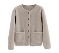 Générique Women's Short Round Neck Curly Cardigan Cardigan Button Front Fleece Thin Tank Top Long Sleeve Soft Warm with Oversize Fit and Flowing Fall Cardigan Autumn Winter Comfortable, khaki, 3XL