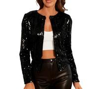Générique Women's Short Shimmer Jacket Stand Collar Shiny Evening Retro Jacket Light Shimmer Jacket Festive Short Coat Disco Style Slim Fit Elegant Modern Design, Black, XL