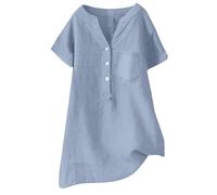 Générique Women's Short Sleeve Summer Shirt Chic Women's Plus Size Blouse with Pocket and Button Blouse V-Neck Top Casual Loose Top Solid Color Simple Blouse Spring Summer Blouse, Light Blue, XXL