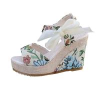 Générique Women's Spring Summer Fashion Elegant Colorful Print Pattern Thick Sole Wedge Heel Shoes Visible Toe Comfortable Casual Shoes for Going Out, Beige101, 7 UK