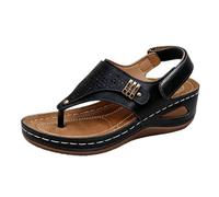 Générique Women's Summer Comfortable Leather Mules Flip Flops Wedge Between Finger with Back Strap Openwork Upper and Metallic Detail Open Toe Thick Sole for Beach Walking Holiday Summer, 01 Black, 9