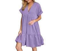 Générique Women's Summer Short Sleeve Long T-Shirt Dress Chic Elegant Flowy Ruffle V Neck High Waist Loose Soft Trendy Beach Dresses, purple, XXL