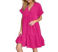 Générique Women's Summer Short Sleeve Long T-Shirt Dress Chic Elegant Flowy Ruffle V Neck High Waist Loose Soft Trendy Beach Dresses, Hot Pink, M