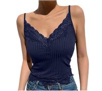 Générique Women's V-Neck Camisole Lace Halter Top V-Neck Tank Tops Thin Straps Youth Tank Top Solid Color Tank Top With Yokes Cami Elegant Top Beautiful Tops, navy blue, L