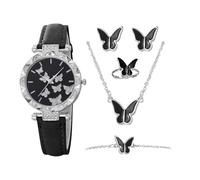 Générique Women's Watches, 5 Piece Butterfly Watch Set, PU Leather Strap Lady Wristwatch, Accessory, Waterproof Bracelet Set, Ideal for Travel, Wedding, Birthday Presents, Black, Se référer au