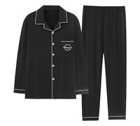 Generisch 2-Piece Men's Lounge Set Long with Button Placket Pyjamas Lightweight Everyday Pyjamas Comfortable Sleepwear Lapel Long Sleeve Shirt Leisure Pyjama Bottoms Baggy Nightwear Two Piece, O Black