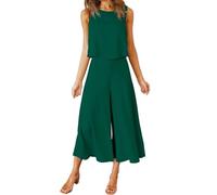 Generisch 2-Piece Women's Jumpsuit Set, Summer Elegant Suit Set, Armless T-Shirt & Crop Wide Legged Trousers, Green, XL