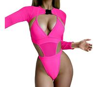 Generisch 2025-2 Pieces Women's Rave Outfits Neon Body Crop Top Long Sleeve Mesh with Buckle for Festival Club Party Underwear Women's Sexy, pink, S